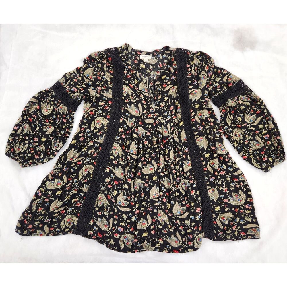 Umgee Dark Floral Boho Tunic Blouse Black M Boho Peasant Flowy Balloon Sleeve